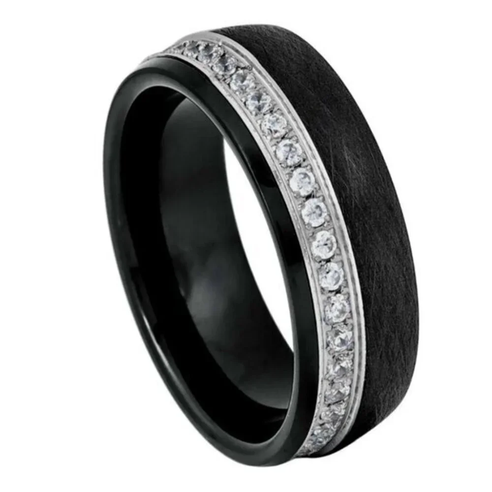 New 8mm dome clear CZ black IP plated Eternity Tungsten Wedding Band Ring